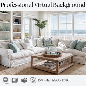 Beach House Summer Cottage Zoom Background for Virtual Meetings, Beach Home Decor for Minimalist Home Office Backdrop, Ocean Views