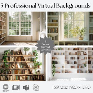 5 Clean Bookshelf Virtual Backgrounds | Compatible with Zoom, Teams, WebEx, Skype, Google Meet | Backdrop for Video Calls