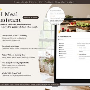 Puede incluir: Una computadora port&aacute;til muestra la interfaz "AI Meal Assistant", con funciones de planificaci&oacute;n de comidas. La pantalla muestra sugerencias de comidas y opciones de creaci&oacute;n de recetas. El texto en la pantalla incluye "Plan Meals Faster. Eat Better. Stay Consistent."