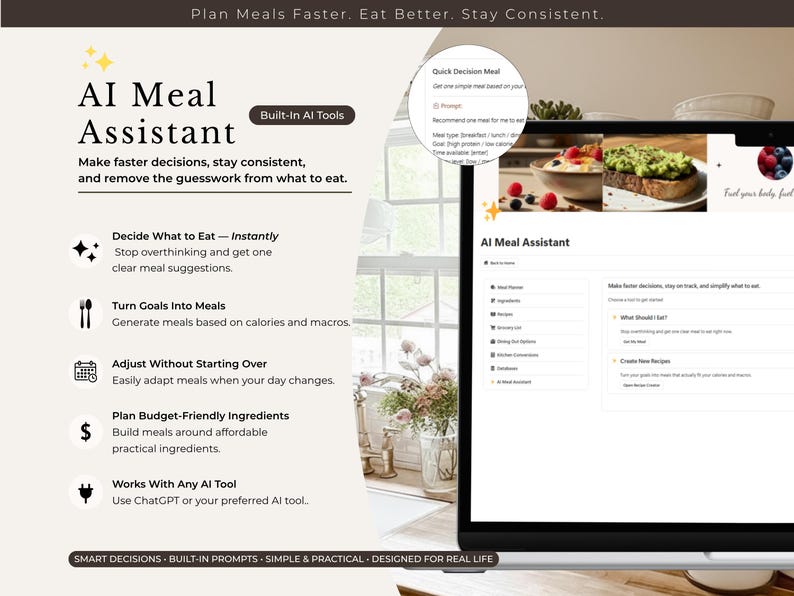 Puede incluir: Una computadora port&aacute;til muestra la interfaz "AI Meal Assistant", con funciones de planificaci&oacute;n de comidas. La pantalla muestra sugerencias de comidas y opciones de creaci&oacute;n de recetas. El texto en la pantalla incluye "Plan Meals Faster. Eat Better. Stay Consistent."