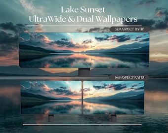 Lake Sunset UltraWide Wallpaper, Dual Monitor Background (Digital Download)
