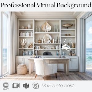 Beach House Summer Cottage Zoom Background for Virtual Meetings, Beach Home Decor for Minimalist Home Office Backdrop, Ocean Views