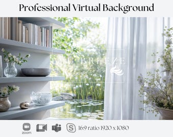 Professional Virtual Background - Bookshelf, Pond View - Zoom, Teams, Skype