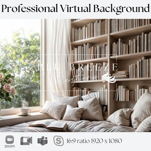 Virtual Background for Business Calls | Airy Office with Books and White Curtains