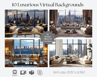 10 Luxurious City Living Room Virtual Backgrounds | Compatible with Zoom, Teams, Skype, Google Meet | Backdrop for Video Calls