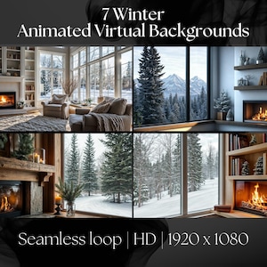 Lot de 7 arrière-plans virtuels animés hivernaux pour Zoom, Google Meet et Teams | Scènes de cheminée confortables