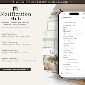 Puede incluir: Una captura de pantalla de la aplicaci&oacute;n Notification Hub en un tel&eacute;fono inteligente. La aplicaci&oacute;n muestra detalles de planificaci&oacute;n de comidas, informaci&oacute;n nutricional y gesti&oacute;n de despensa. La interfaz es clara y f&aacute;cil de usar.