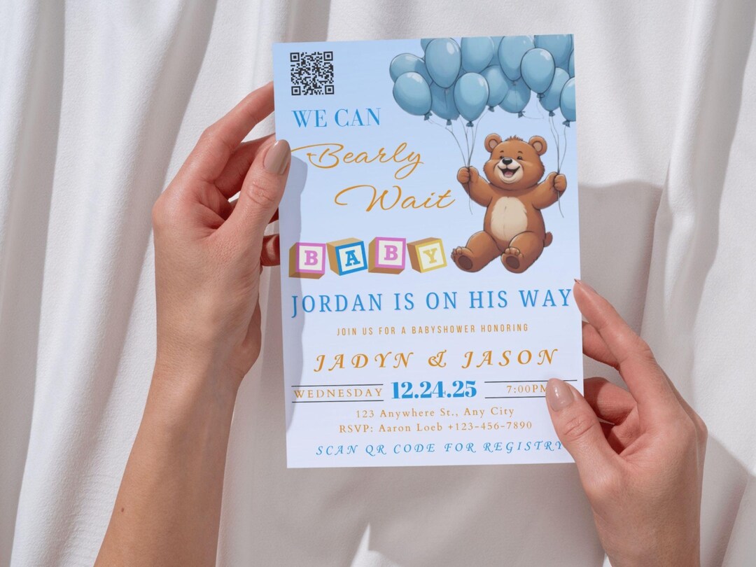 We Can Bearly Wait Baby Boy Shower Invitation | Editable Woodland Bear ...
