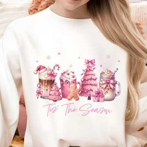 Weihnachtskaffee Rosa Schleife, Tis the Season Png, Retro Weihnachtsmann Png, trendiger Weihnachtsbaum Png, Weihnachtssublimation, frohe Weihnachten