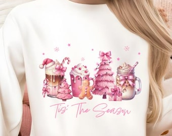 Weihnachtskaffee Rosa Schleife, Tis the Season Png, Retro Weihnachtsmann Png, trendiger Weihnachtsbaum Png, Weihnachtssublimation, frohe Weihnachten