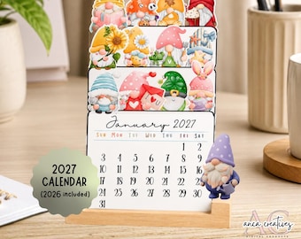 Gnome 2027 Desk Calendar with 2026,  Mini Desk Calendar 2027 , Small Desk Calendar , unique holiday gift, Digital Download