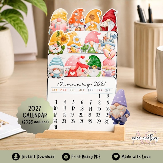 Gnome 2027 Desk Calendar with 2026,  Mini Desk Calendar 2027 , Small Desk Calendar , unique holiday gift, Digital Download