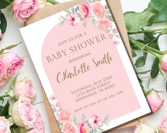 Könnte beinhalten: Rosafarbene Babyparty-Einladung mit Blumenmuster und dem Text "Join us for a Baby Shower Honoring Charlotte Smith" sowie den Details zur Veranstaltung.