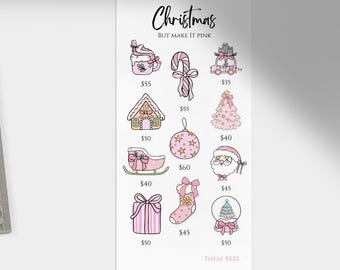 ピンクのクリスマス貯金トラッカー コケットホリデー予算インサート（3x6 PNG）クリスマス貯金チャレンジ予算バインダークリスマス予算