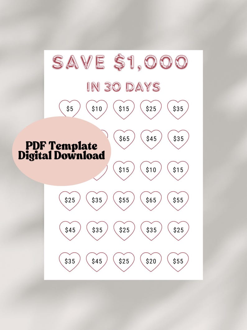 30 Day Savings, Save 1000 Heart Template, Money Saving Challenge, Save ...