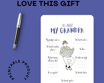 May include: Printable worksheet with the title "All About My Grandpa". The worksheet has fill-in-the-blank questions about a grandpa, such as his favorite color, vacation place, and food. A line drawing of a grandpa reading a newspaper is in the center of the page.
