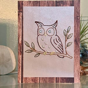 May include: A decorative greeting card featuring an embroidered owl perched on a branch. The owl is outlined in brown thread with sparkling accents on its eyes. The background is a light pink with a wooden frame.