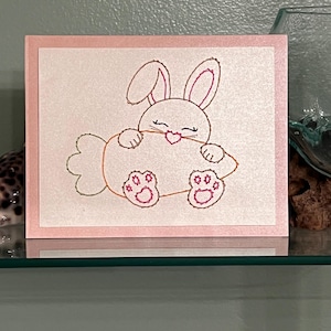 Wenskaart Bunny Loves Carrots - digitaal downloadpatroon voor handgemaakte geborduurde kaarten