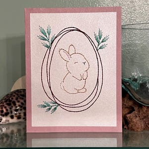 Wenskaart Bunny in a Twine Egg - digitaal downloadpatroon voor handgemaakte geborduurde kaarten