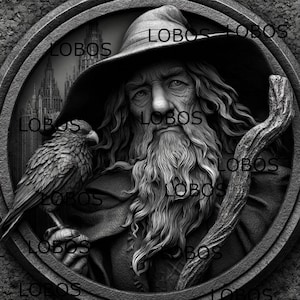 May include: Black and white illustration of a wizard with a long beard, hat, and staff, holding a bird. The image is framed in a circular border with the word "LOBOS" repeated throughout.