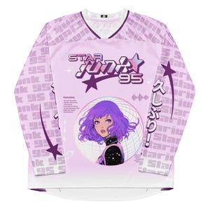 Op STARJUNK 95 geïnspireerde ravejersey – Y2k Cosmic Disco Hockey-shirt, psychedelische festivaloutfit, trippy Y2K-clubwear, ravetop met lange mouwen