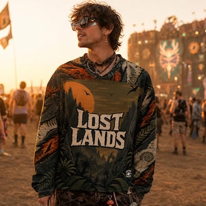 Op de afbeelding: Een shirt met lange mouwen en een grafische print met de tekst "LOST LANDS" in een vet, lichtgekleurd lettertype. Het ontwerp bevat een zonsondergang, bergen, palmbomen en varenpatronen in tinten oranje, groen en zwart.