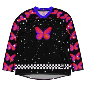 Vibrant Butterfly in Space Rave Jersey – Trippy Hockey Shirt, Psychedelic Festival Outfit, Cosmic Clubwear, Y2K Vaporwave Long Sleeve