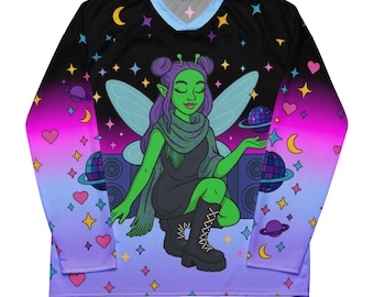 Cosmic Disco Fairy Rave Jersey – Alien Girl Hockey Shirt, Psychedelic Festival Outfit, Vaporwave Y2K Clubwear, Long Sleeve Rave Top