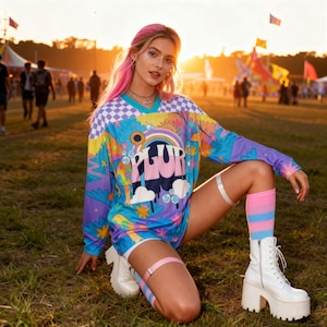 May include: A long-sleeved shirt with a colorful psychedelic design, featuring the word "PLUR" in large letters. The shirt has a checkered pattern on the shoulders and is paired with matching shorts. The outfit is completed with white platform boots and striped socks.