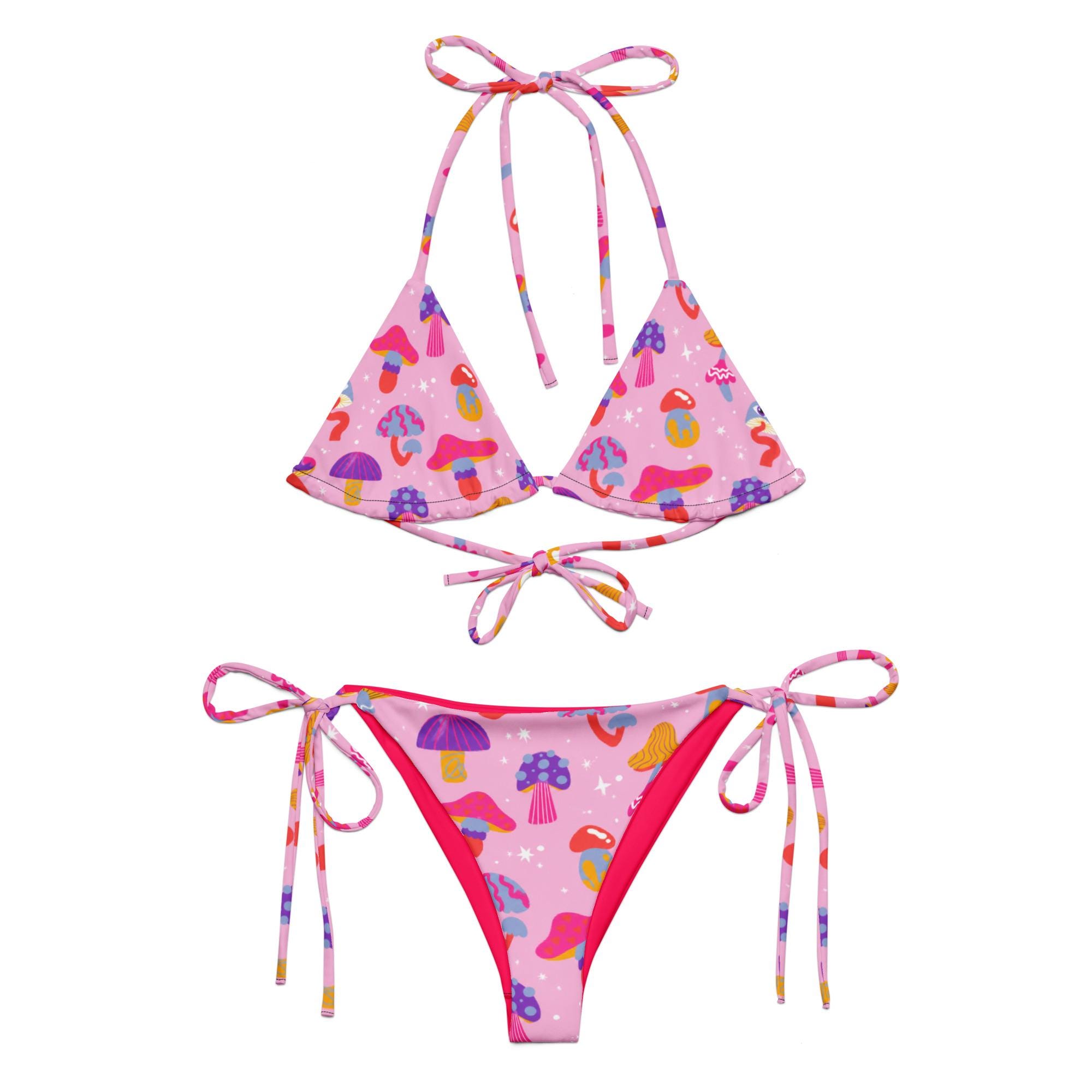 Discover Mushroom Print Bikini Set | Unique Pink Bikini Set | Rave String Bikini | Colorful Festival Top | Swimwear