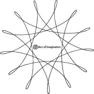 May include: A black and white line drawing of a starburst design. The design is made up of curved lines that intersect in the center. The text "Arcs of Imagination" is in the center of the design.