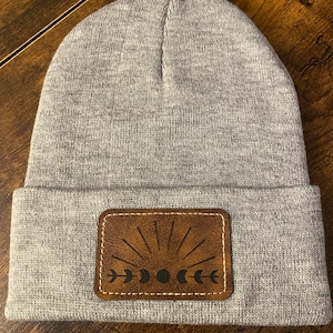 Sunrise Moon Phase Beanie: Cozy Hiking Hat with Leatherette Patch