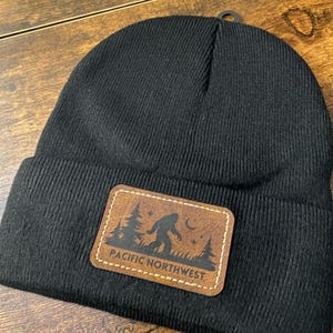 Pacific Northwest Beanie: Sasquatch Faux Leather Patch NW Hat