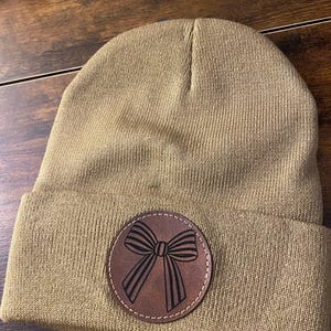 Bow Beanie: Girly Faux Leather Patch Cozy Beanie