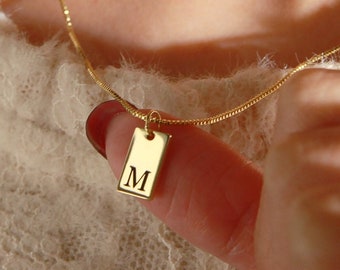 Custom Initial Necklace,Dainty Initial Tag Necklace,Gold Bar Tag Necklace,Engraved Letter Pendant Necklace,Bridesmaid Gift,Gift For Mom