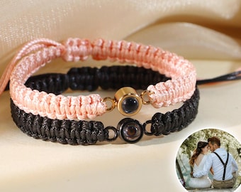 Bracciale Personalizzato Con Foto A Proiezione A Forma Di Cuore - Regolabile Con Corda Intrecciata, Regalo Per Coppie E Amici