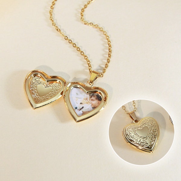 Collier médaillon coeur en or 14 carats, collier médaillon coeur avec photo, collier médaillon coeur vintage en or, médaillon qui s'ouvre, cadeau pour maman