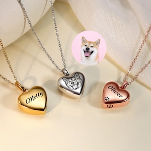 Puede incluir: Tres collares con colgantes en forma de corazón. Uno es dorado con el nombre "Molly", otro es plateado con una ilustración de un perro, y el tercero es de oro rosa con el nombre "Oliver" y una huella de pata. Un pequeño retrato de perro está en el fondo.