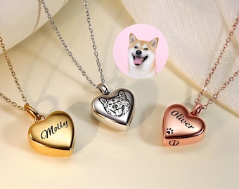 Collar con urna para mascotas en forma de corazón, medallón personalizado grabado para cenizas de perro o gato, joyería conmemorativa con foto personalizada, regalo de condolencia por la pérdida de una mascota, regalo para amantes de las mascotas