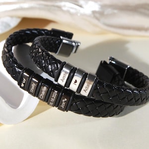 Personalized Mens Leather Bracelet, Custom Kid Name Bead Bracelet, Engraved Name Symbol Message Dad Bracelet, Gifts For Dad, Christmas Gift