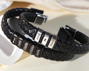 Personalized Mens Leather Bracelet, Custom Kid Name Bead Bracelet, Engraved Name Symbol Message Dad Bracelet, Gifts For Dad, Christmas Gift