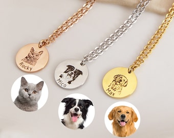 Custom Pet Photo Necklace, Pet Portrait Name Necklace,Dog Photo Necklace,Engraved Cat Picture Necklace,Pet Memorial Gift,Gift for Pet Lover