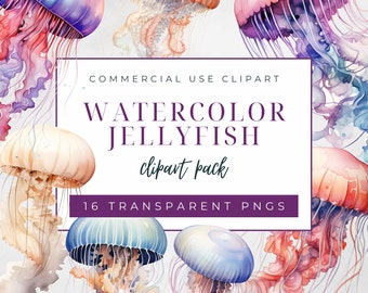 Watercolor Jellyfish Clipart Pack, Commercial Use Clipart, Transparent PNGs, Watercolor Ocean Animal Clipart, Sea Jelly Graphics, Tentacles