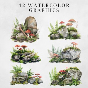 Op de afbeelding: Twaalf aquarel illustraties van mossige rotsen met rode en witte paddenstoelen. De rotsen zijn van verschillende groottes en vormen, sommige met varens en ander gebladerte. De paddenstoelen zijn geclusterd op de rotsen, sommige groeien uit het mos.