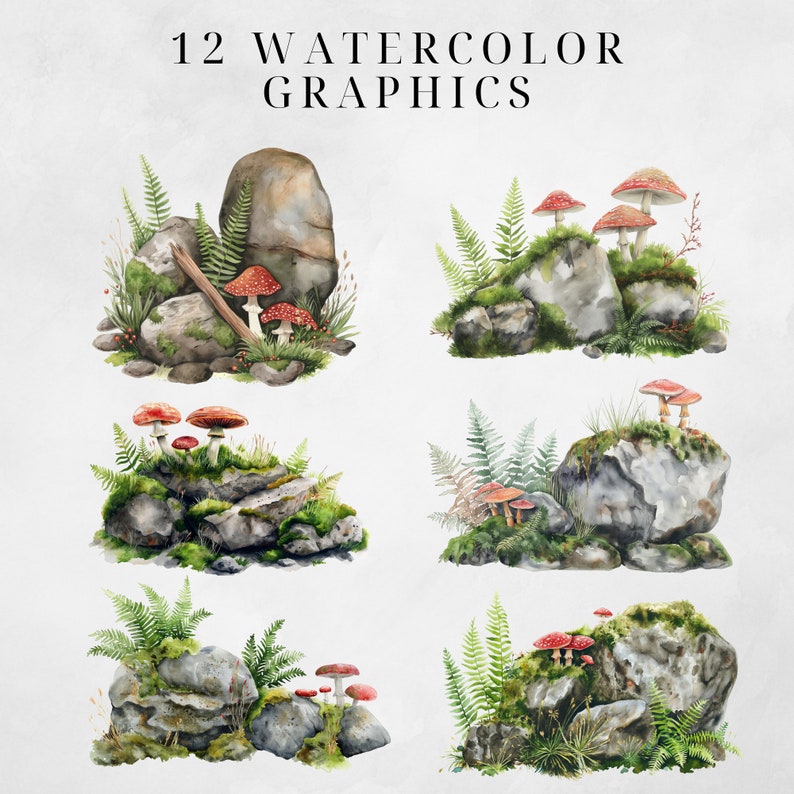 Op de afbeelding: Twaalf aquarel illustraties van mossige rotsen met rode en witte paddenstoelen. De rotsen zijn van verschillende groottes en vormen, sommige met varens en ander gebladerte. De paddenstoelen zijn geclusterd op de rotsen, sommige groeien uit het mos.