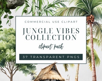 Jungle Vibes Collection Clipart Pack, Commercial Use Clipart, Transparent PNGs, Watercolor Jungle Vine, Palm Tree and Mangrove Graphics