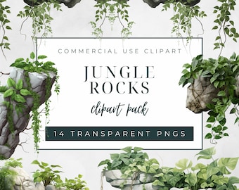 Jungle Rocks Clipart Pack, Commercieel Gebruik Clipart, Transparante PNGs, Aquarel Jungle Vine Rock Clipart, Tropische Hangende Planten Graphics
