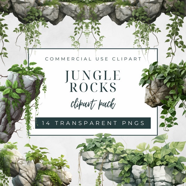 Jungle Rocks Clipart Pack, Commercial Use Clipart, Transparent PNGs, Watercolor Jungle Vine Rock Clipart, Tropical Hanging Plants Graphics