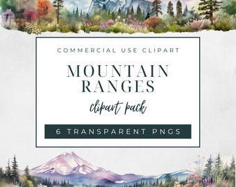 Watercolor Mountain Ranges Clipart, Clipart for Commercial Use, Transparent PNGs, Nature Clipart, Mountains, Forest, Wildflowers, Yosemite
