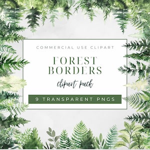 Clipart bordures de forêt, clipart pour un usage commercial, PNG transparents, clipart Nature, pins, fougères, bord du cadre aquarelle feuille ombres